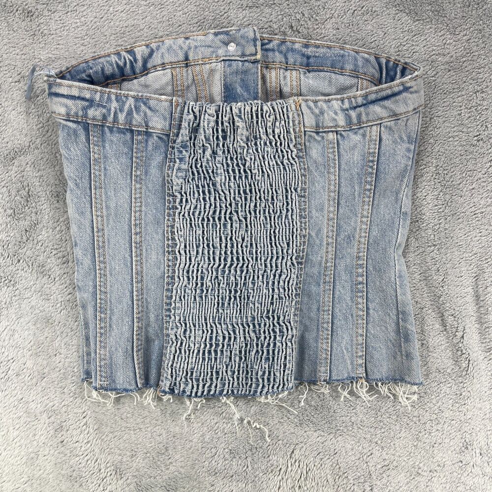 Zara Bustier Top Women's XS Blue Denim Cotton Stretch Smocked Back Strapless - Picture 4 of 13